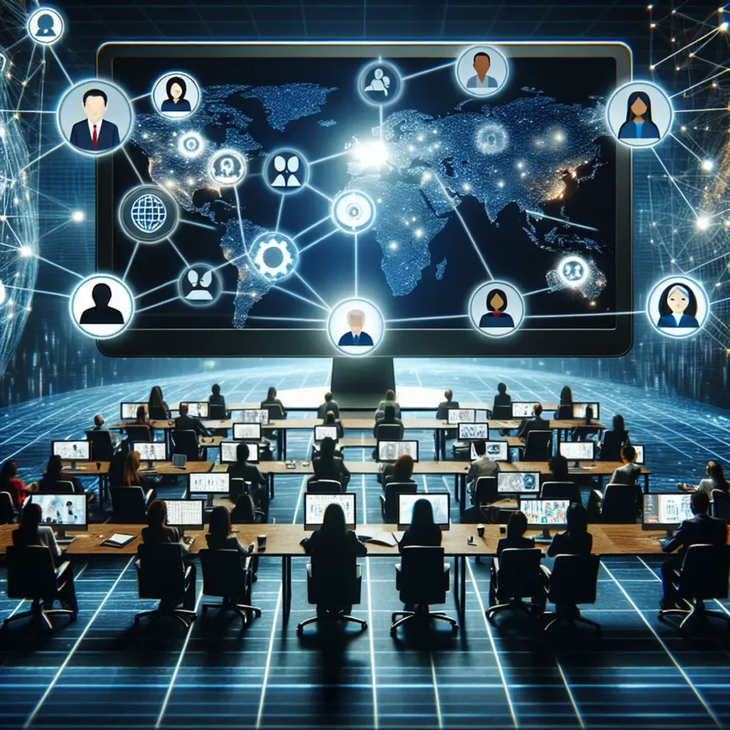 A diverse group of people participating in a virtual meeting on a large computer screen, with glowing lines in the background representing the efficiency of the technology.
