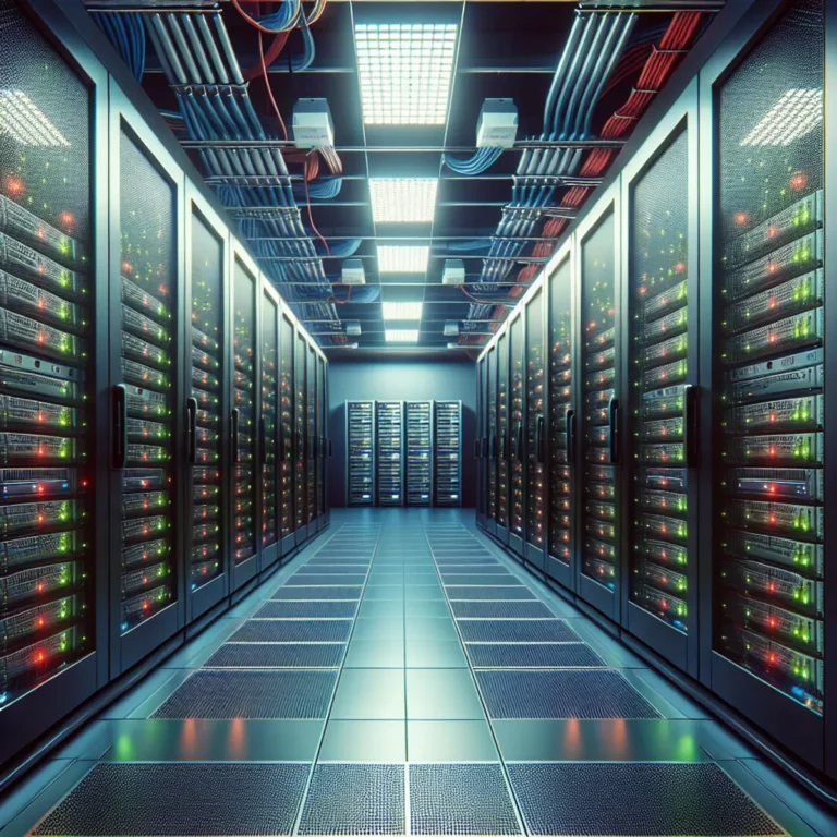 A meticulously organized server room with rows of server racks, neatly cabled and bathed in a subtle glow from blinking red and green lights.