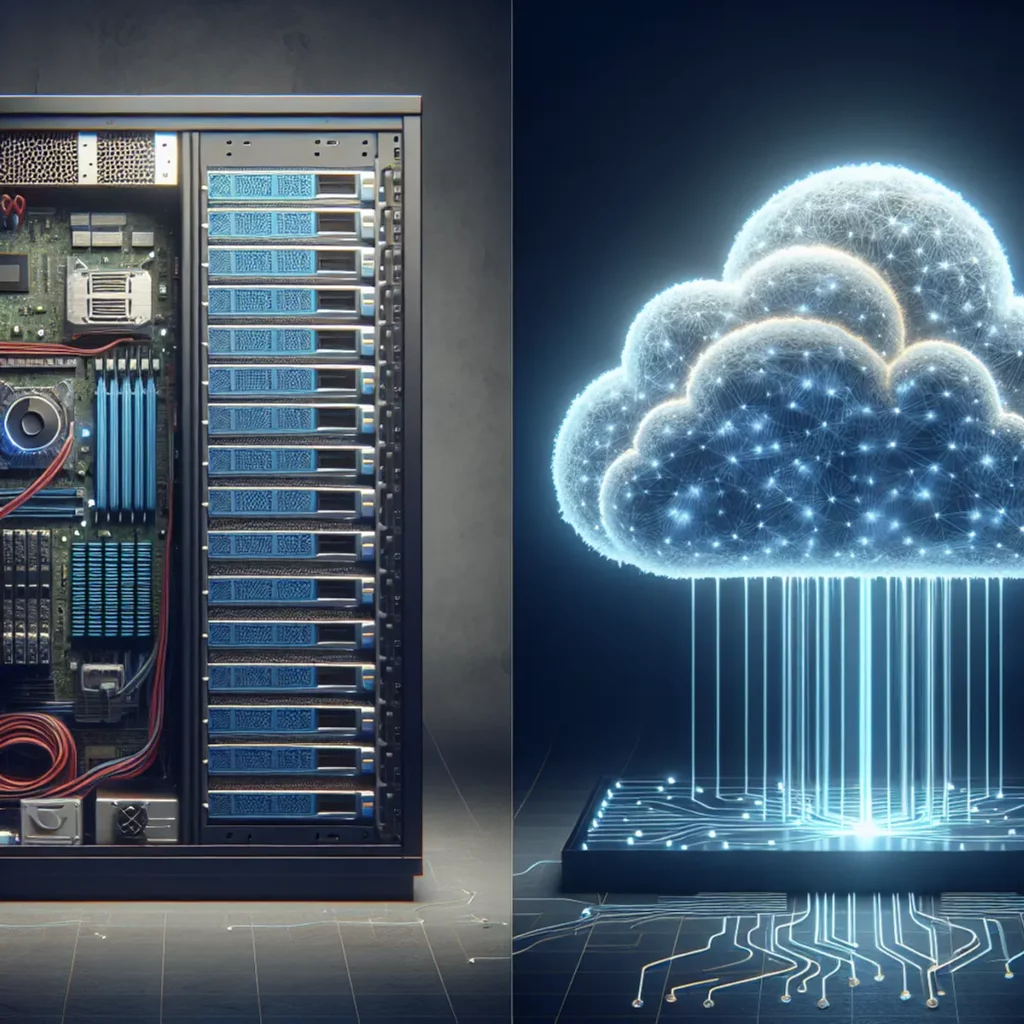 A comparison between shared web hosting and cloud web hosting illustrated through a balanced scale with a physical server on one side and a glowing 3D cloud on the other.