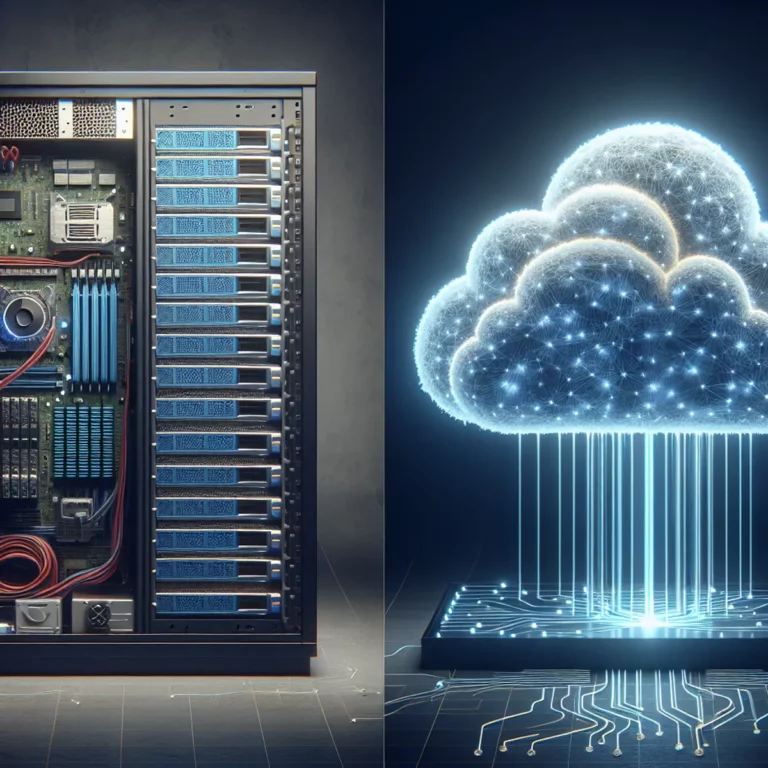A comparison between shared web hosting and cloud web hosting illustrated through a balanced scale with a physical server on one side and a glowing 3D cloud on the other.