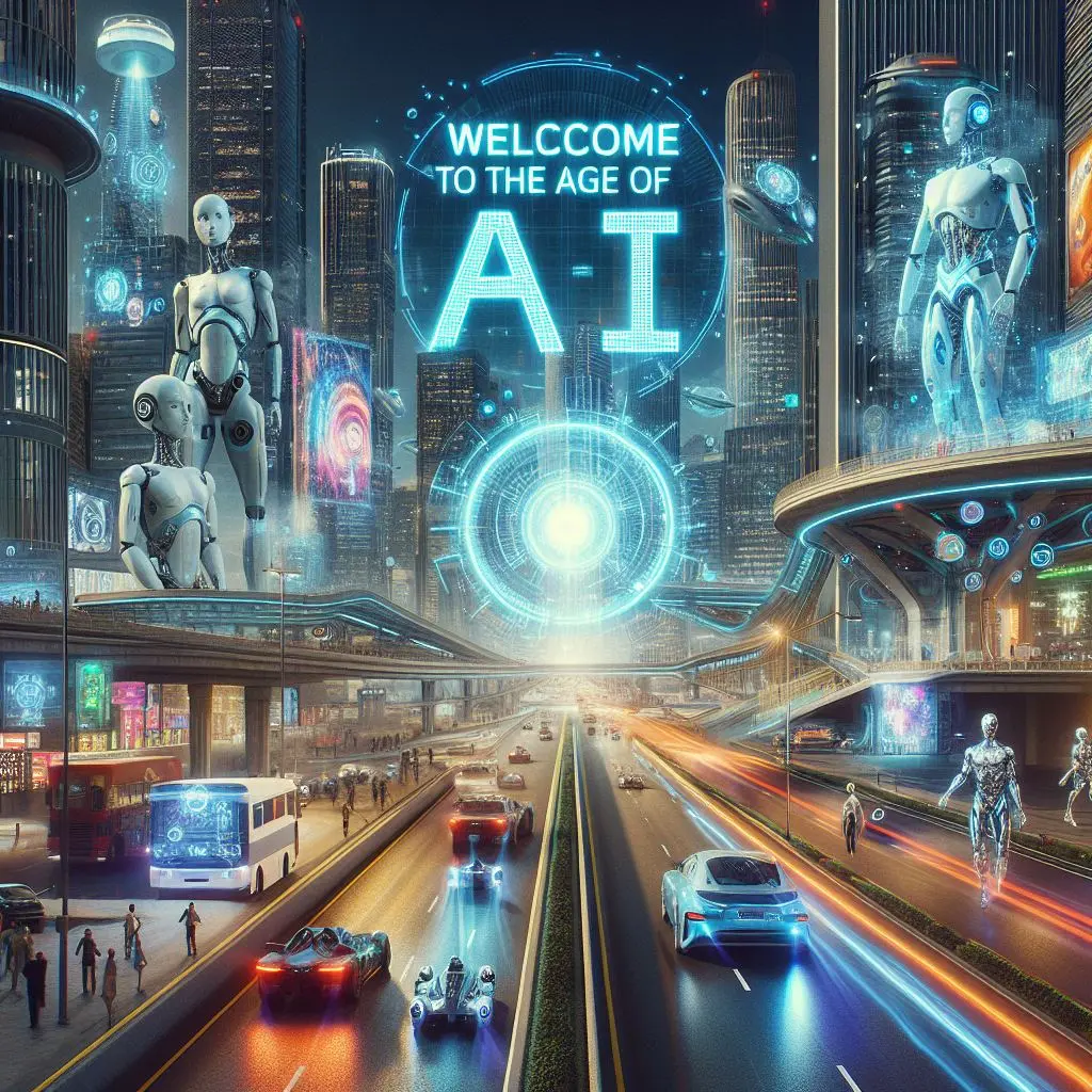 A futuristic cityscape at night with various robots and AI entities, and a holographic text that reads “Welcome to the age of AI”