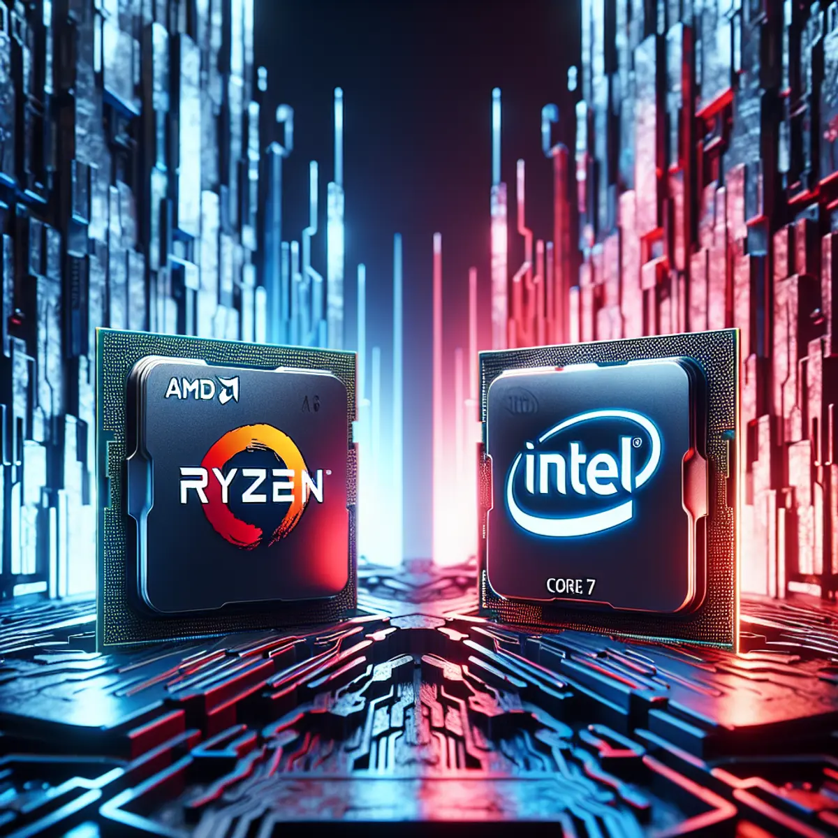 Two CPU emblems facing off in a futuristic setting, one representing AMD Ryzen 7 and the other representing Intel Core i7, bathed in red and blue lights.