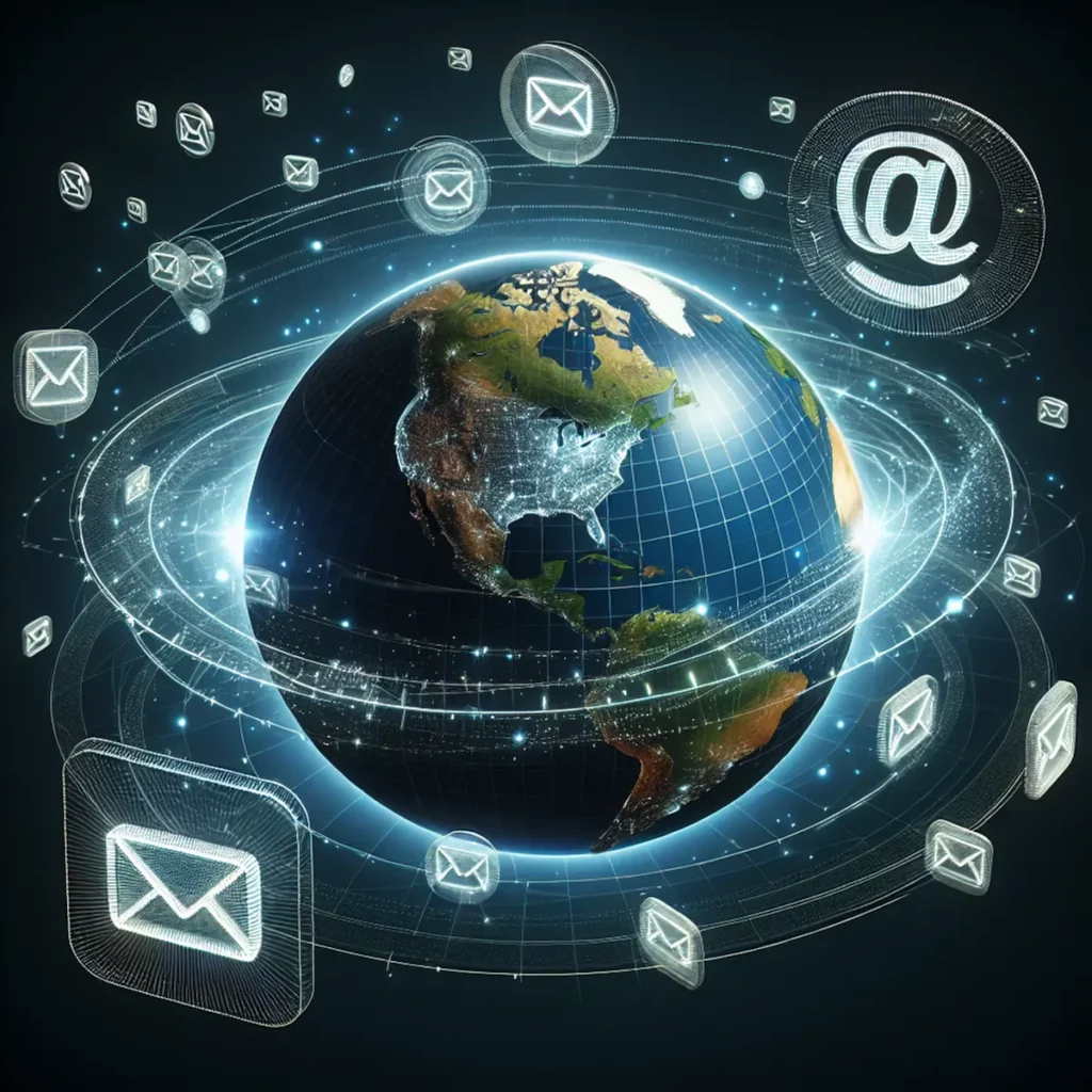 A 3D globe with email symbols orbiting around it, representing global professional communication.